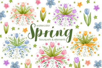 Watercolor spring flowers bouquets.
