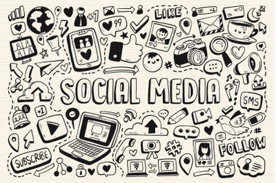 Collection of social media monochromatic doodles Vector