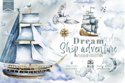 Ship. Dream adventure.Watercolor set