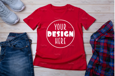 Unisex red T-shirt mockup with trainers and jeans.