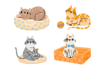 Cartoon cats. Furry colorful animals sitting and lying in bed&2C; playing