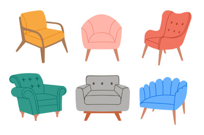 Cartoon chairs. Colorful comfortable armchairs, stylish modern furnitu