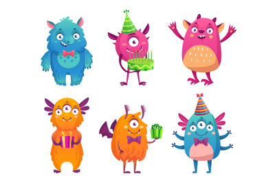 Cartoon party monsters celebrating happy event. Cute fluffy characters