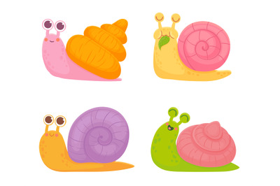 Cartoon snails. Slow colorful animals with spiral shell crawling. Frie