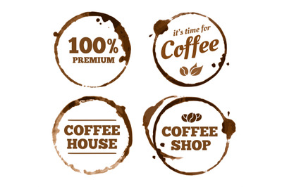 Coffee labels. Hot drink stains, round dirty marks from coffee cup or