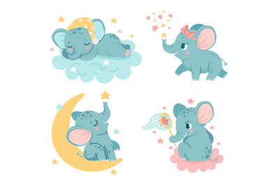 Cute cartoon elephants. Baby characters dreaming&2C; sleeping on fluffy c