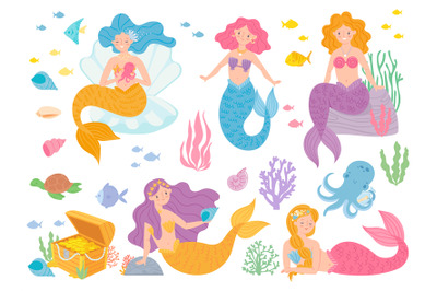 Cute mermaids. Beautiful girls living underwater with fish, turtle, co