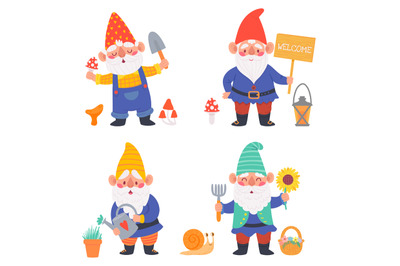 Cartoon gnome characters. Cute dwarfs holding gardening tool as wateri