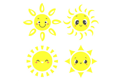 Hand drawn sun. Cartoon sunny characters with smiling faces. Happy mor