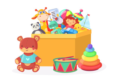 Kids toy box. Cartoon robot&2C; doll&2C; ball&2C; teddy bear&2C; giraffe&2C; boat and