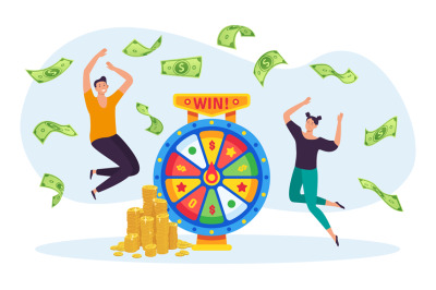 Online lottery game concept. Man and woman winning jackpot on spinning