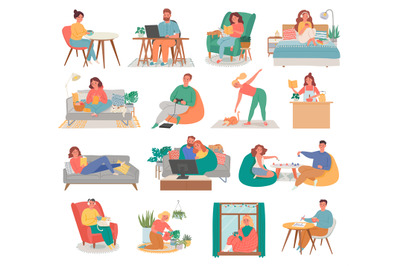 People at home. Female and male characters spending time indoors. Man