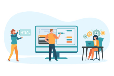 Programmer and designer developing website. Team working together to c