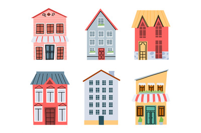 Cartoon city street buildings. Old town architecture with colorful hou