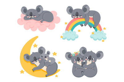 Cute cartoon koalas. Adorable animals sleeping on fluffy pink cloud&2C; r