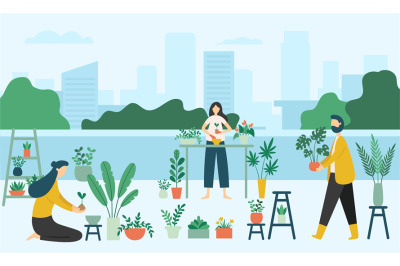 Urban gardening people. Man and women planting seedlings in pots. Flor