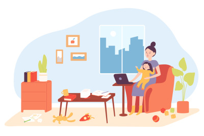 Cartoon freelance woman holding child and working remotely at home. St