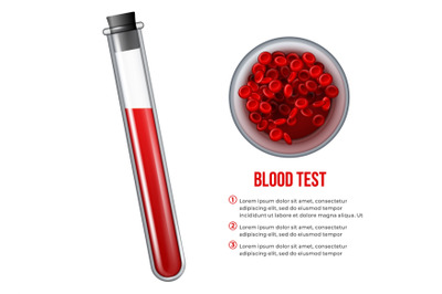 Realistic medical glass test tube with red blood cells. Medicine poste