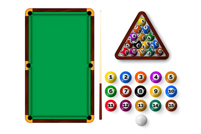 Billiard table with pockets, balls, triangle rack and cue. Realistic s