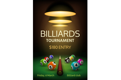 Billiard tournament poster with realistic balls and cue on green table