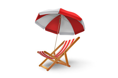 Realistic beach parasol umbrella and chaise longue for vacation. Recli