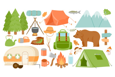 Cartoon camping and hiking equipment, tent and forest nature. Camp fir