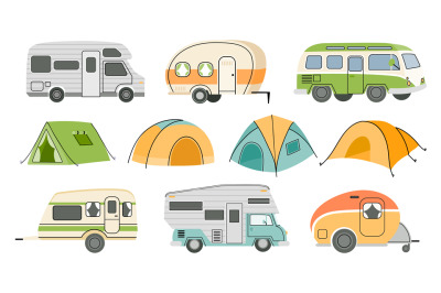 Cartoon camping RV trailers and cars&2C; road motorhomes and tents. Camp