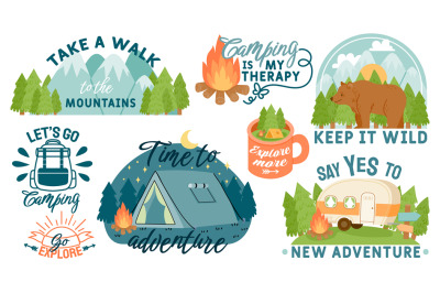 Camping, hiking and outdoor adventure motivation quotes and elements.