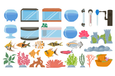 Cartoon aquarium decoration, underwater plants, seaweeds, stones and p