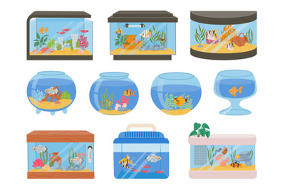 Cartoon home aquariums with fishes, corals, plants and decor. Aquarium