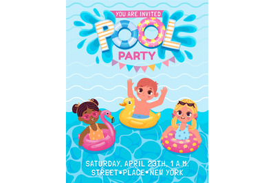 Pool birthday party invite poster with kids with inflatable rings. Sum