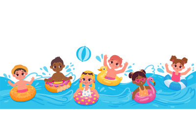 Cartoon children with inflatable rings swimming on sea waves. Pool vol