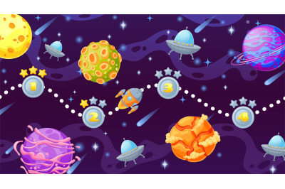 Cartoon space game level map with planets and rocket. Cosmic ui screen