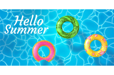 Realistic hello summer poster with pool and swimming rings. Sparkling