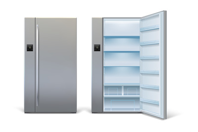 Realistic open and closed modern refrigerator mockup with shelves. Emp