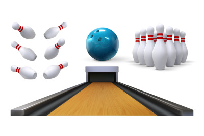 Realistic bowling elements, gaming balls, skittle clubs and track. Spo