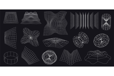 Cyber neo futuristic grids, 3d mesh objects and shapes. Wireframe wavy