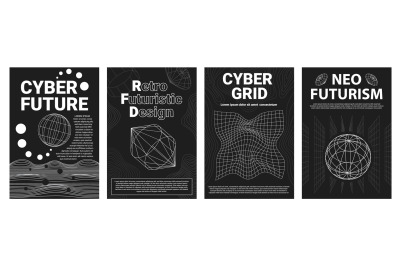 Neo futuristic abstract posters with grids and wireframe 3d objects. C