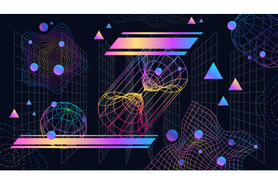 Neo futuristic abstract background with 3d grids and shapes. Neon wire