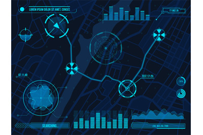 Hud navigation map cyber design with aims, diagrams and charts. Futuri