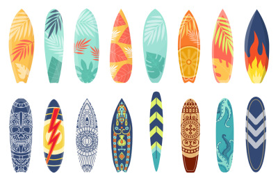 Cartoon surfing board with summer design and ethnic pattern. Surfboard