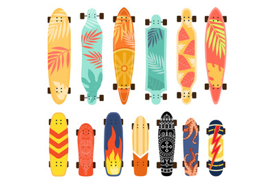 Skateboard bottom print designs with flames, tropical leaves and patte