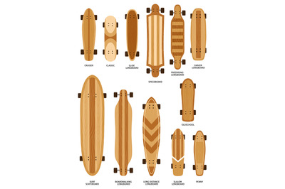 Cartoon skate board deck types, sizes and forms. Slide longboard, surf