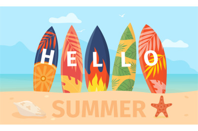 Cartoon hello summer poster with surfboard on sea beach. Tropical isla