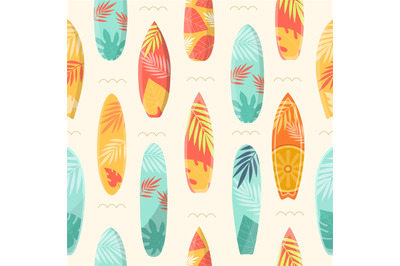 Cartoon summer seamless pattern with surfboard and tropical leaves. Se