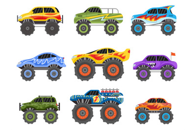 Cartoon monster trucks&2C; extreme offroad race cars. Monstertruck vehicl