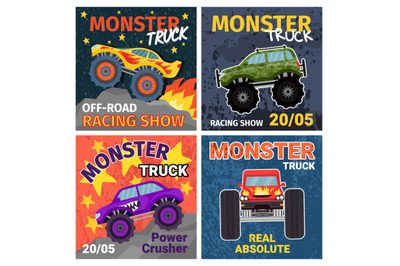 Cartoon monster trucks t shirt print designs and posters. Grunge cool