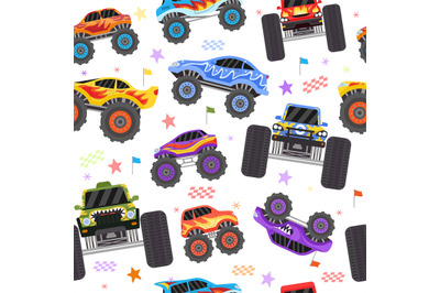 Seamless pattern with cartoon monster trucks for boy. Extreme racing h