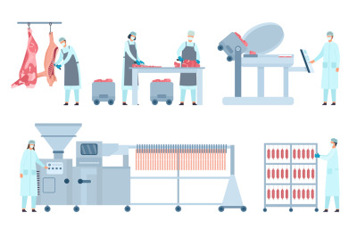 Beef sausages production process stages in factory with workers. Lives