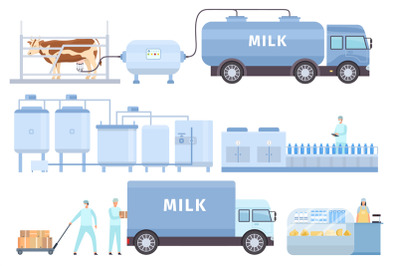 Cow milk automated process on factory line with worker. Flat farm dair